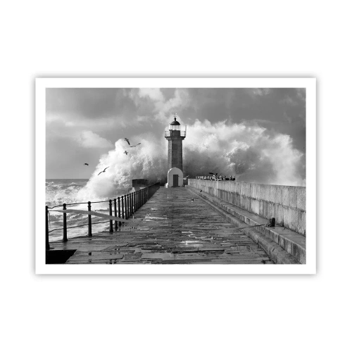 Affiche - Poster - Un phare entouré de vagues pendant une tempête - 100x70cm - Sans peur - Décoration murale moderne pour le salon et la chambre ARTTOR