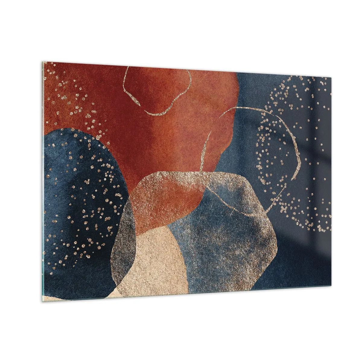 Impression sur verre - Image sur verre - Formes abstraites dans des tons bleu marine et cuivre - 100x70cm - La légèreté de l'être - Décoration murale moderne pour le salon et la chambre ARTTOR