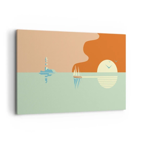 Impression sur toile - Image sur toile - Un paysage marin minimaliste avec un voilier et un coucher de soleil - 120x80cm - Paysage idéal de la mer - Décoration murale moderne pour le salon et la chambre ARTTOR