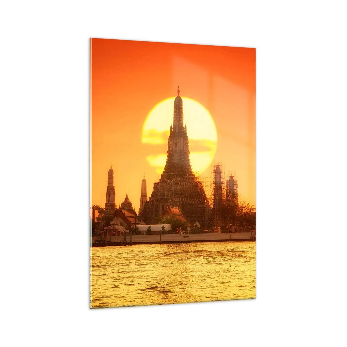 Impression sur verre - Image sur verre - Coucher de soleil sur le temple avec reflet dans l'eau - 70x100cm - Vers le soleil, toujours vers le soleil - Décoration murale moderne pour le salon et la chambre ARTTOR