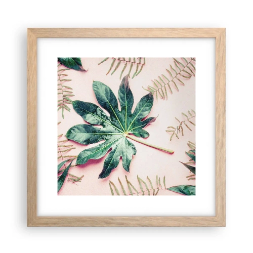 Affiche dans un chêne clair - Poster - Étude de verdure sur fond rose - 30x30 cm