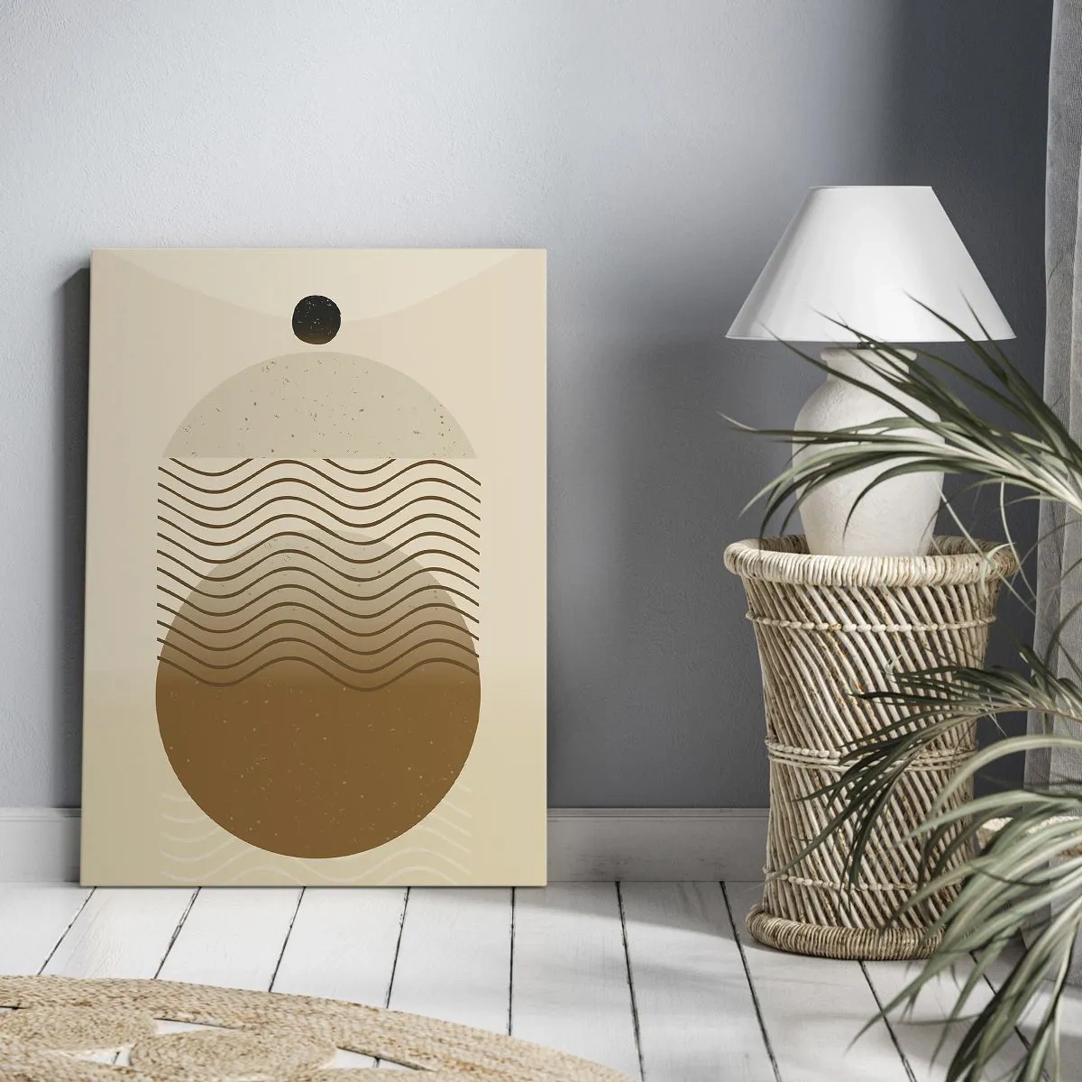 Impression sur toile - Image sur toile - Abstraction géométrique avec des cercles et des lignes ondulées aux couleurs chaudes. - 70x100cm - Sur l'origine des figures géométriques - Décoration murale moderne pour le salon et la chambre ARTTOR