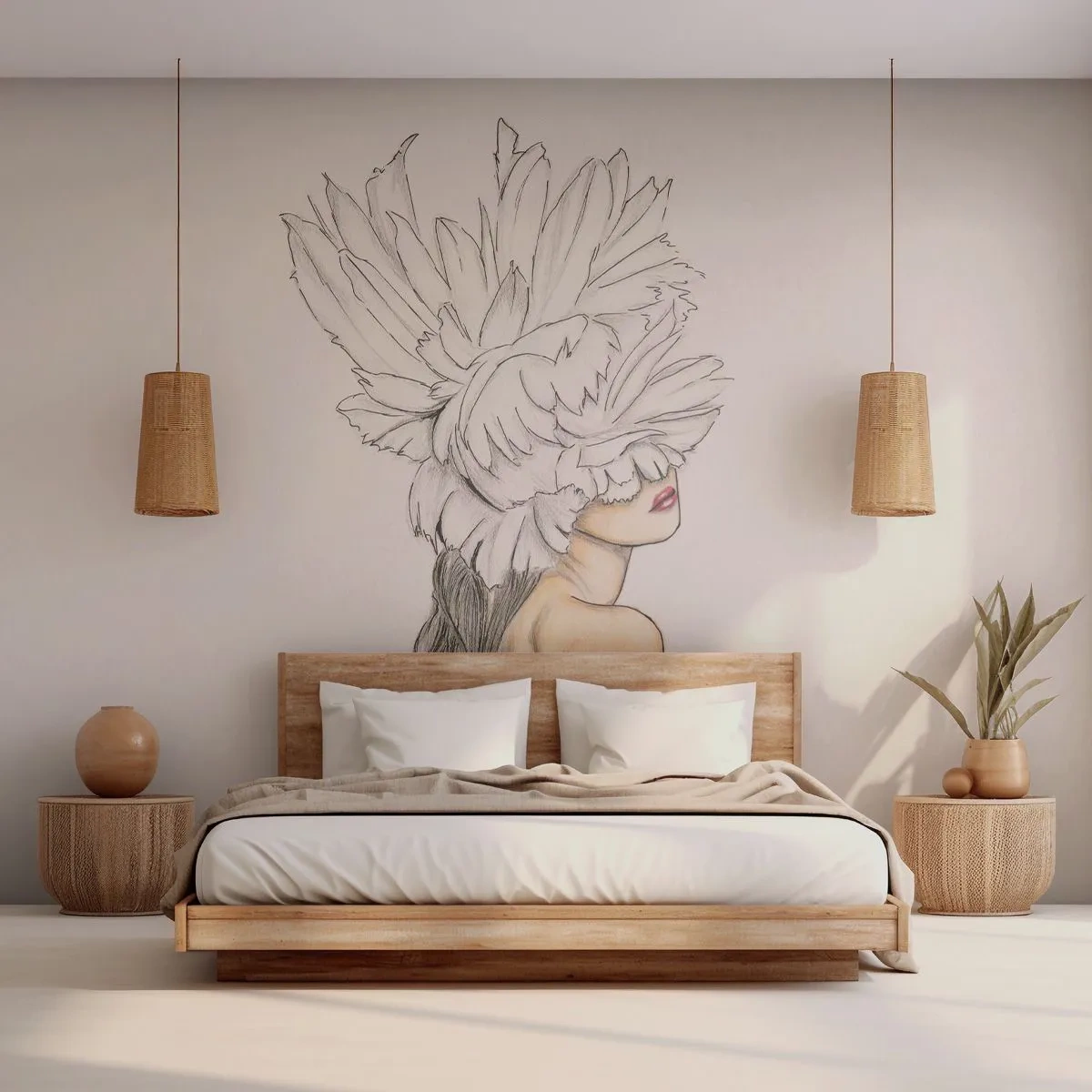 Papier Peint Photo Premium Sand - Croquis d'une femme avec une coiffe de plumes couvrant ses yeux - 100x70cm - Beauté couronnée - Décoration murale moderne pour le salon et la chambre ARTTOR