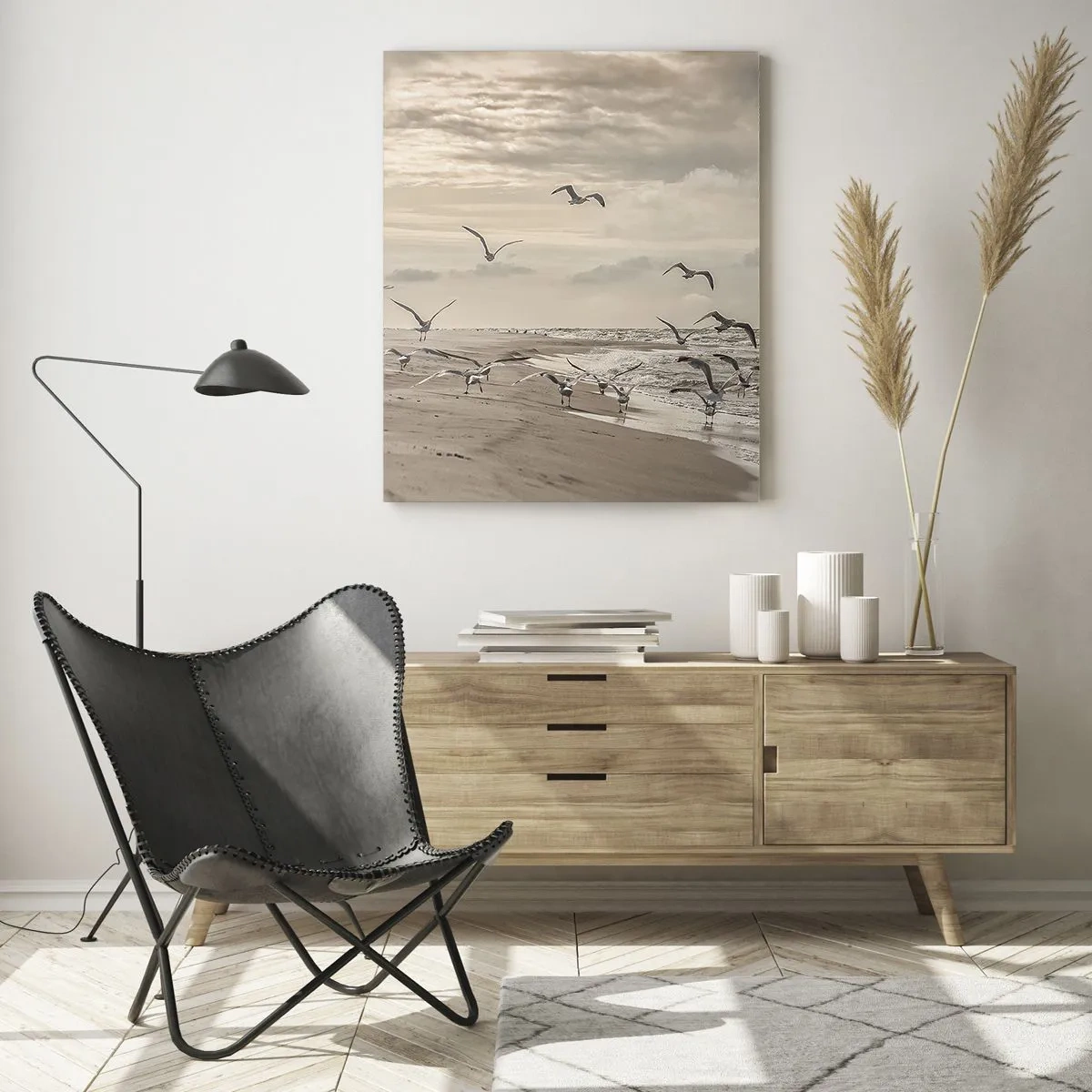 Impression sur verre - Image sur verre - Oiseaux sur le bord de mer à l'aube dans des tons sépia - 50x70cm - Le bruit de la mer, le chant des oiseaux - Décoration murale moderne pour le salon et la chambre ARTTOR