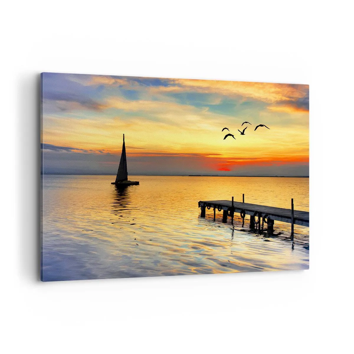 Impression sur toile - Image sur toile - Coucher de soleil avec un voilier et une jetée sur un lac calme - 120x80cm - Le soir revient - Décoration murale moderne pour le salon et la chambre ARTTOR