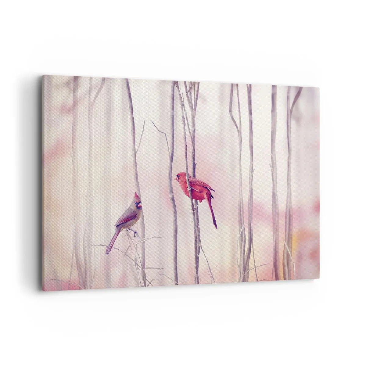 Impression sur toile - Image sur toile - Un couple de cardinaux perchés sur des branches dans un paysage pastel - 120x80cm - Conte de la forêt rose - Décoration murale moderne pour le salon et la chambre ARTTOR