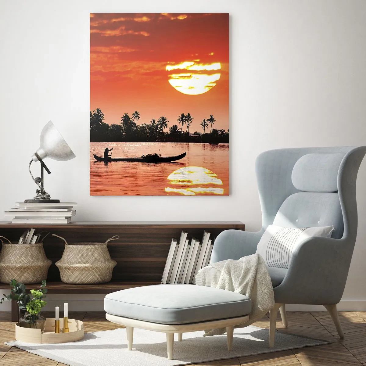 Impression sur verre - Image sur verre - Coucher de soleil sur la rivière avec des palmiers et un bateau - 50x70cm - La tranquillité des tropiques au coucher du soleil - Décoration murale moderne pour le salon et la chambre ARTTOR