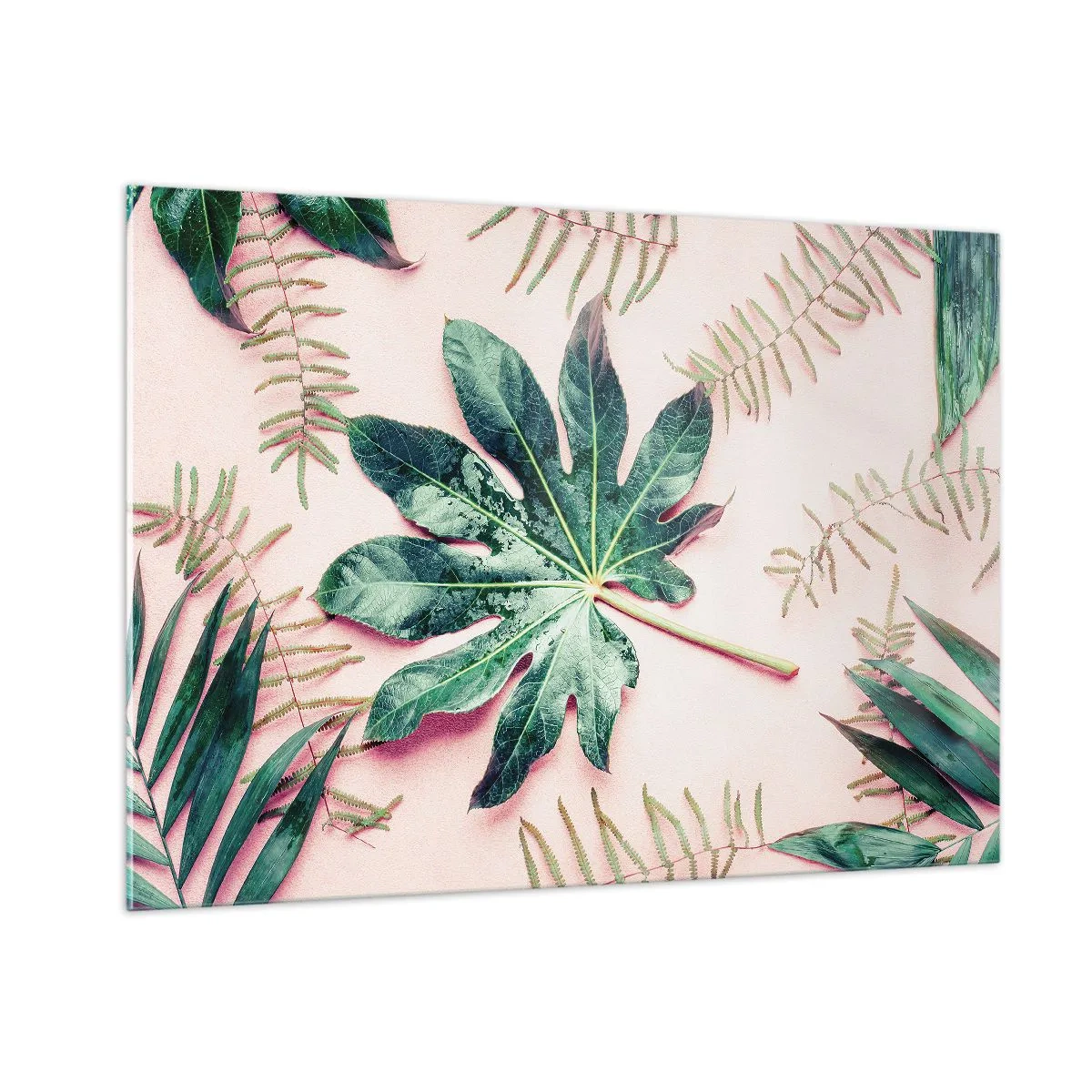 Impression sur verre - Image sur verre - Feuilles tropicales sur fond pastel - 100x70cm - Étude de verdure sur fond rose - Décoration murale moderne pour le salon et la chambre ARTTOR