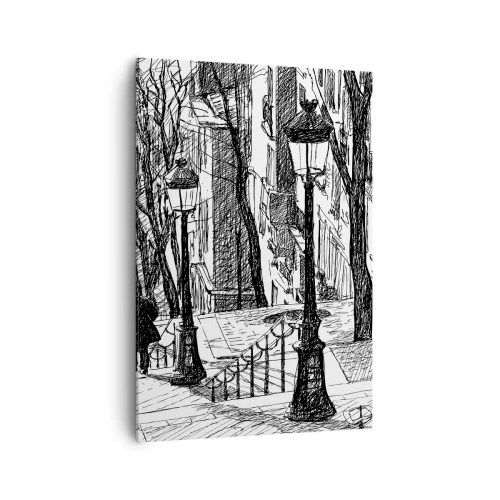 Impression sur toile - Image sur toile - Une rue avec des lampadaires et une silhouette humaine en technique d'esquisse - 70x100cm - Une histoire d'amour ou une histoire d'horreur ? - Décoration murale moderne pour le salon et la chambre ARTTOR