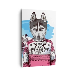 Impression sur toile - Image sur toile - Un loup dans un pull d'hiver sur fond de paysage de montagne - 80x120cm - Un loup en laine de mouton - Décoration murale moderne pour le salon et la chambre ARTTOR