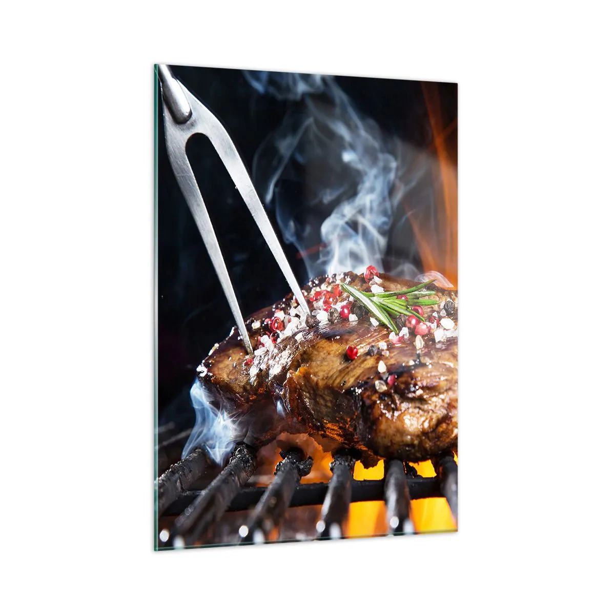 Impression sur verre - Image sur verre - Steak grillé aux épices sur le gril - 50x70cm - Juteux et parfumé - Décoration murale moderne pour le salon et la chambre ARTTOR