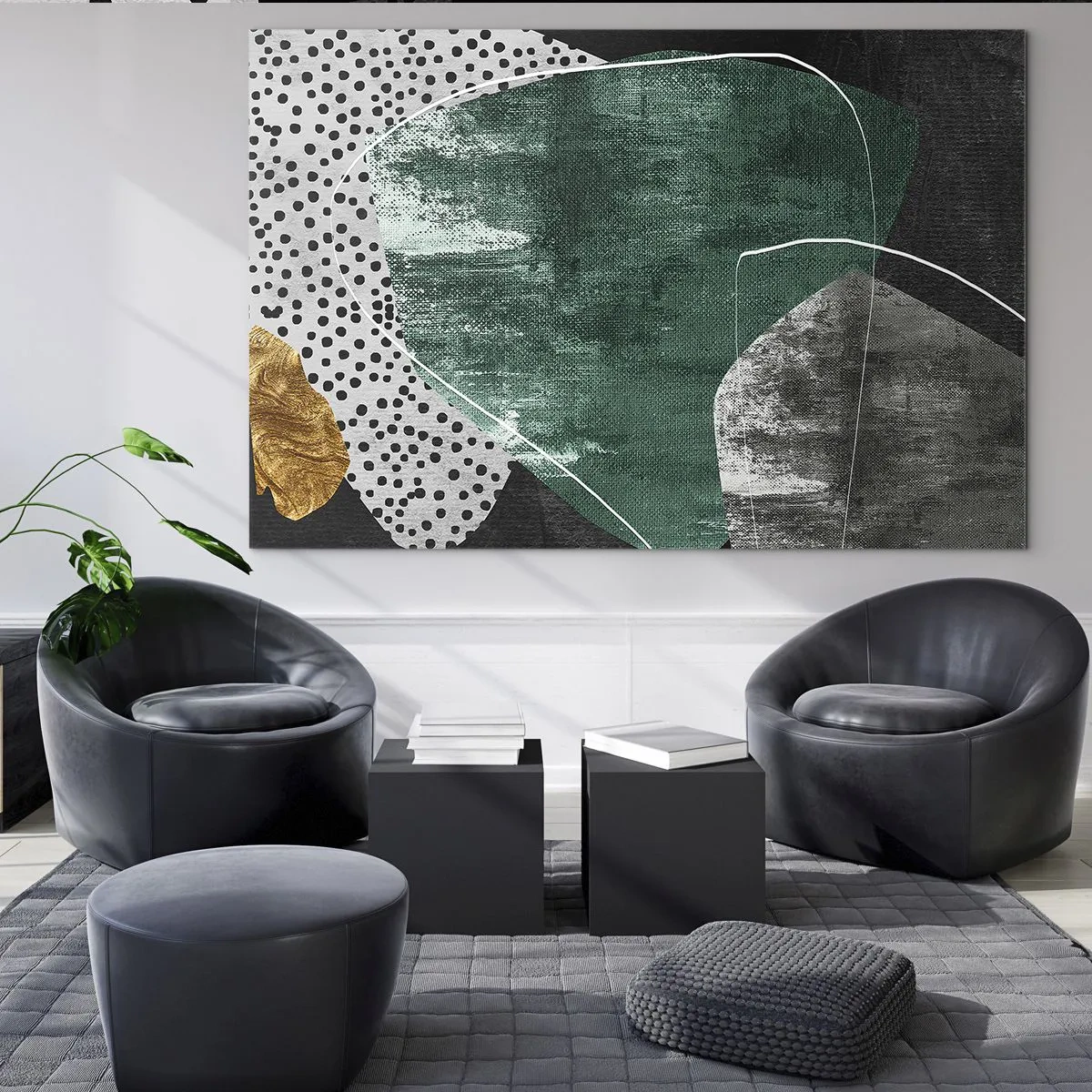 Impression sur verre - Image sur verre - Formes vertes avec un fond noir et une touche dorée - 70x50cm - Abstraction colorée avec feuille d'or - Décoration murale moderne pour le salon et la chambre ARTTOR