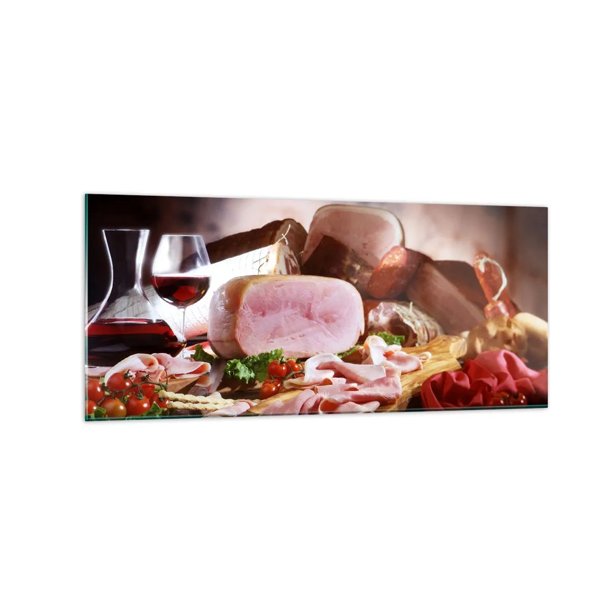 Impression sur verre - Image sur verre - Charcuterie au vin sur fond rustique - 120x50cm - Un rêve culinaire avec une carafe - Décoration murale moderne pour le salon et la chambre ARTTOR