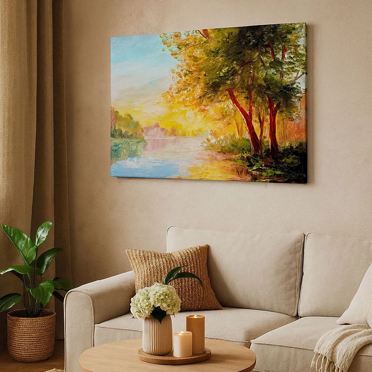 Impression sur toile - Image sur toile - Un paysage pittoresque avec une rivière et des arbres au coucher du soleil - 70x50cm - Et in Arcadia ego - Décoration murale moderne pour le salon et la chambre ARTTOR