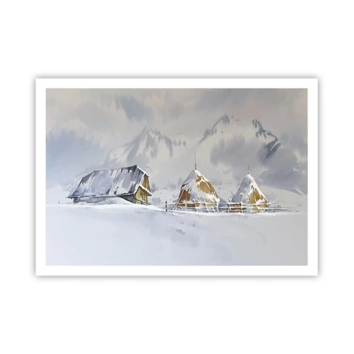 Affiche - Poster - Paysage d'hiver avec un chalet et des meules de foin dans les montagnes - 100x70cm - Dans une vallée enneigée - Décoration murale moderne pour le salon et la chambre ARTTOR