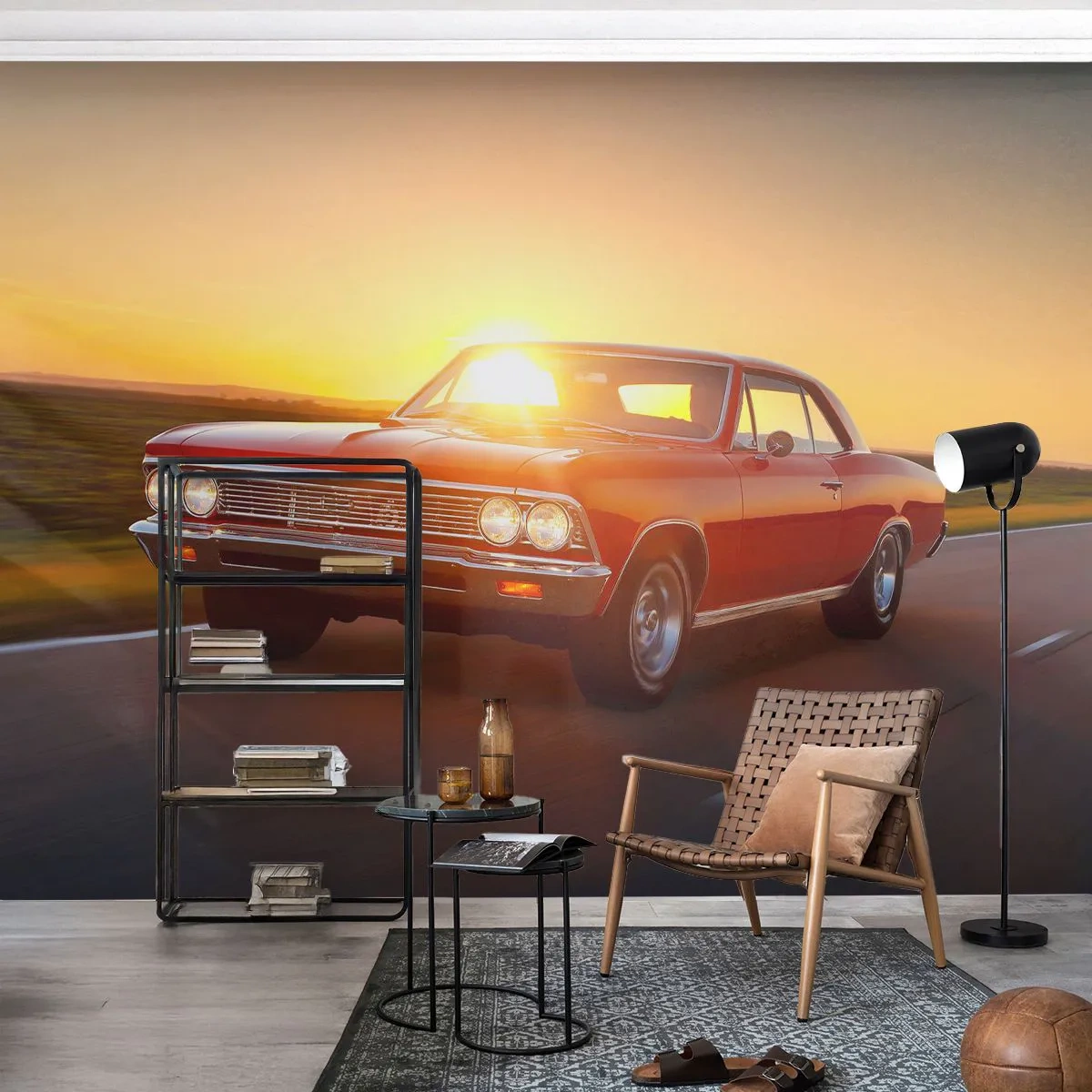 Papier Peint Photo Premium Sand - Voiture classique sur la route au coucher du soleil - 100x70cm - Le désir est de couleur rouge - Décoration murale moderne pour le salon et la chambre ARTTOR