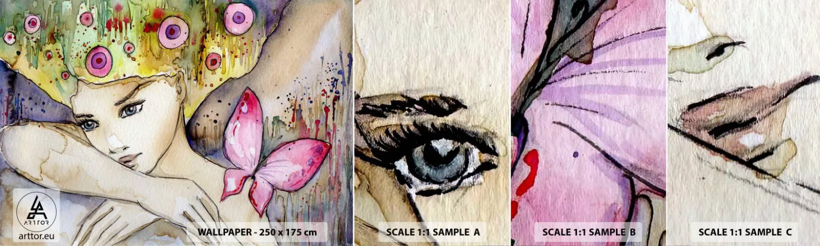 Échantillon De Papier Peint Standard Eco - La princesse papillon - Abstraction, Femme, Aquarelles - 100x30 cm