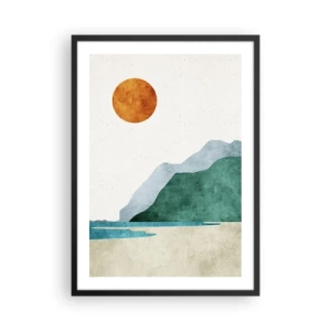 Affiche dans un cadre noir - Poster - Paysage de montagne minimaliste avec plage et soleil - 50x70cm - Le paysage comme il se doit - Décoration murale moderne pour le salon et la chambre ARTTOR