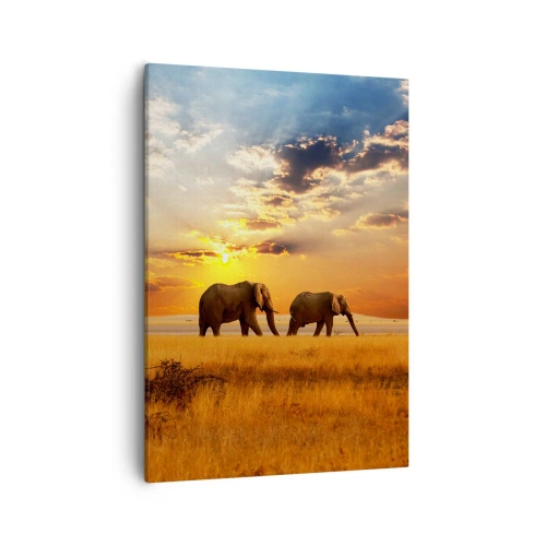 Impression sur toile - Image sur toile - Éléphants dans la savane au coucher du soleil - 50x70cm - Déambulation familliale - Décoration murale moderne pour le salon et la chambre ARTTOR