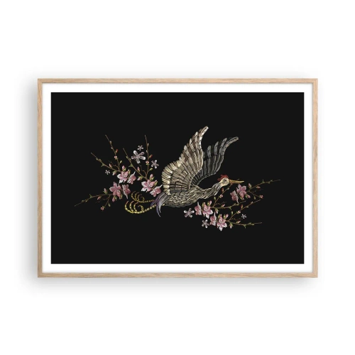Affiche dans un chêne clair - Poster - Oiseau brodé exotique - 100x70 cm
