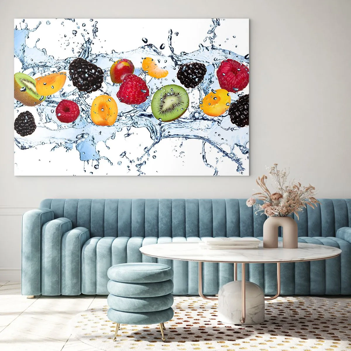 Impression sur verre - Image sur verre - Fruits colorés dans l'eau sur fond blanc - 100x70cm - Amusez-vous avec nous - Décoration murale moderne pour le salon et la chambre ARTTOR