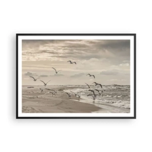 Affiche dans un cadre noir - Poster - Une mouette en vol au-dessus d'un paysage balnéaire - 100x70cm - Le bruit de la mer, le chant des oiseaux - Décoration murale moderne pour le salon et la chambre ARTTOR