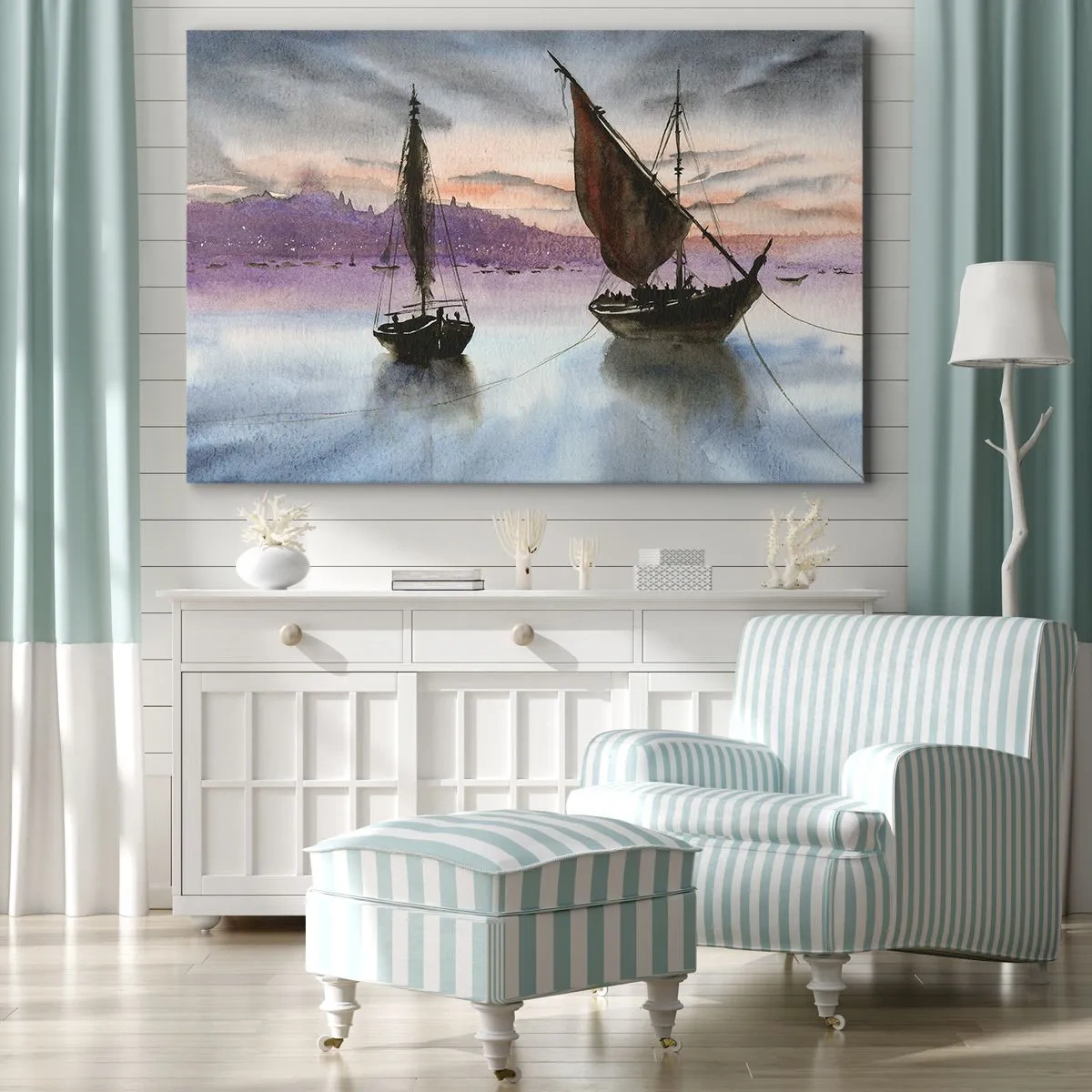 Impression sur toile - Image sur toile - Deux voiliers amarrés sur une eau calme au crépuscule - 120x80cm - Soirée au port - Décoration murale moderne pour le salon et la chambre ARTTOR