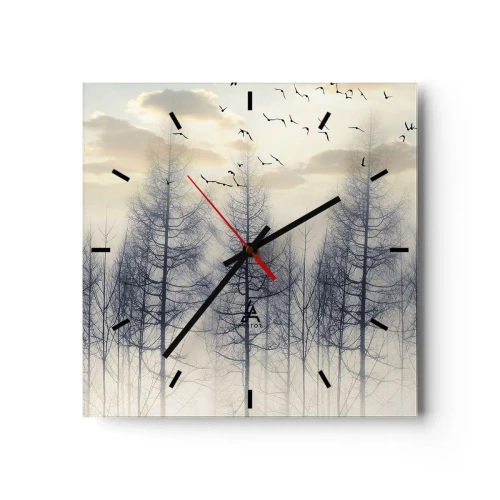 Horloge murale - Pendule murale - Forêt brumeuse avec des oiseaux contre le ciel du coucher du soleil - 30x30cm - L'âme de la forêt - Décoration murale moderne pour le salon et la chambre ARTTOR