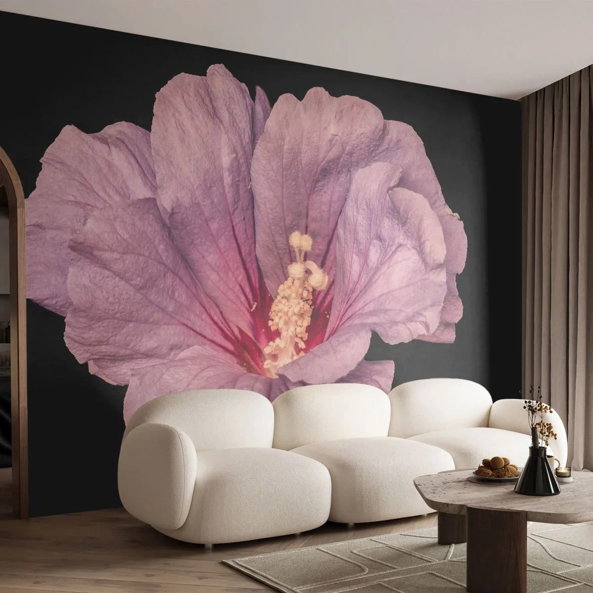 Papier Peint Photo Premium Sand - Fleur d'hibiscus rose sur fond noir - 100x70cm - Directement au coeur - Décoration murale moderne pour le salon et la chambre ARTTOR