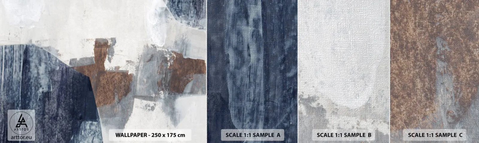 Échantillon de Papier Peint Premium Canvas - Formes bleues et brunes - Morceau, Abstraction, Minimalisme - 100x30 cm