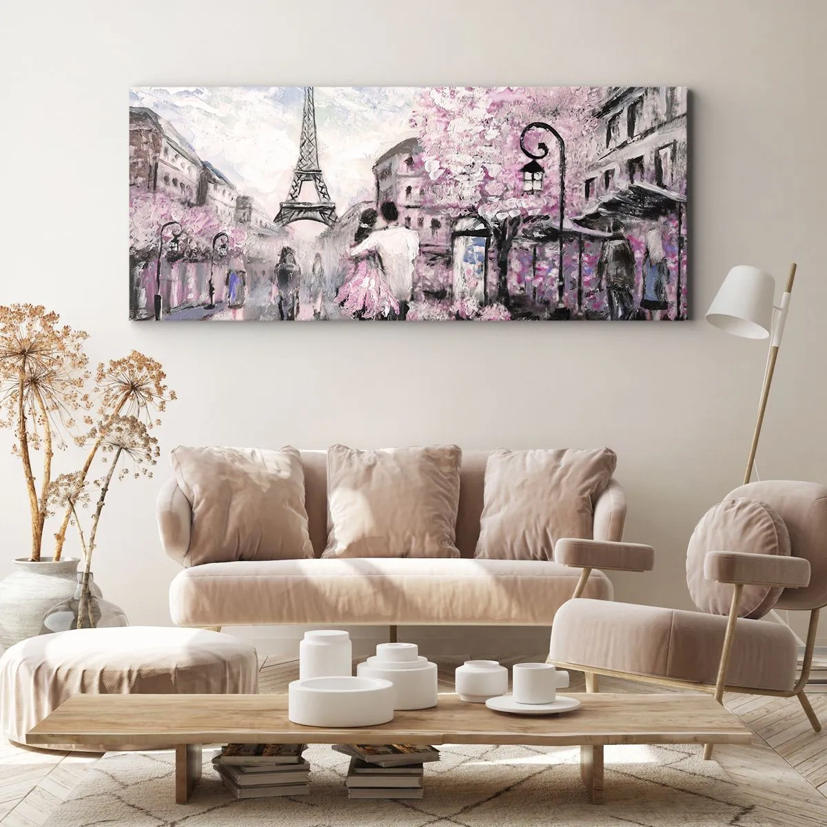 Impression sur toile - Image sur toile - Une promenade romantique à Paris près de la Tour Eiffel - 140x50cm - Comment tomber amoureu, il faut juste... - Décoration murale moderne pour le salon et la chambre ARTTOR