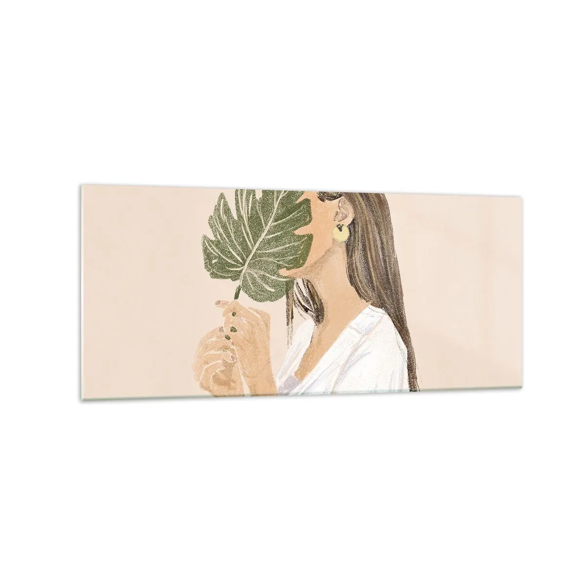 Impression sur verre - Image sur verre - Portrait d'une femme avec une feuille de monstera sur fond beige - 120x50cm - Portrait mystérieux avec un éventail - Décoration murale moderne pour le salon et la chambre ARTTOR