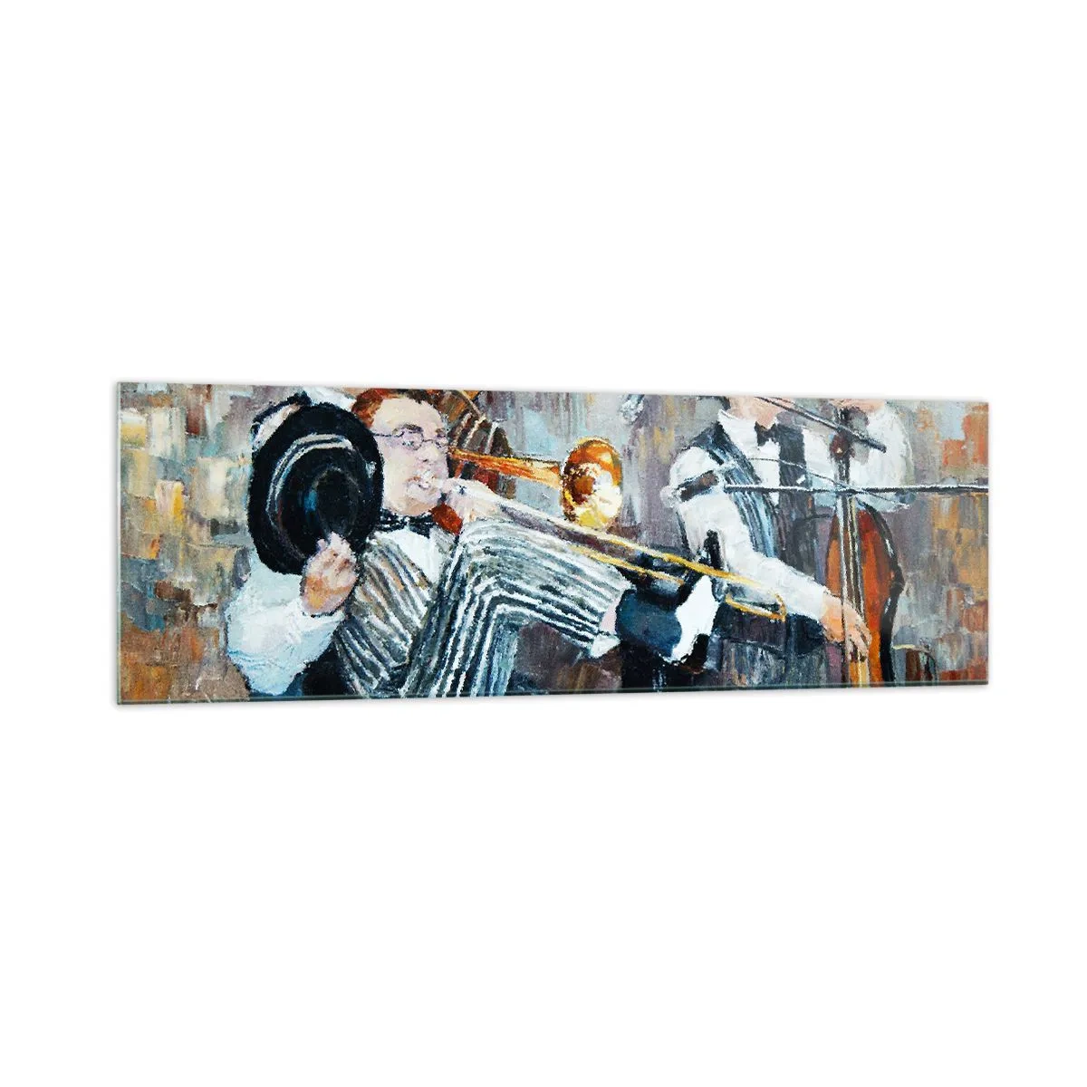 Impression sur verre - Image sur verre - Des musiciens de jazz dans un style pictural lors d'un concert - 160x50cm - C'est tout le Jazz - Décoration murale moderne pour le salon et la chambre ARTTOR