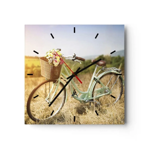 Horloge murale - Pendule murale - Un vélo rétro avec un panier rempli de fleurs sur fond de prairie. - 30x30cm - Je vais rester un petit moment - Décoration murale moderne pour le salon et la chambre ARTTOR