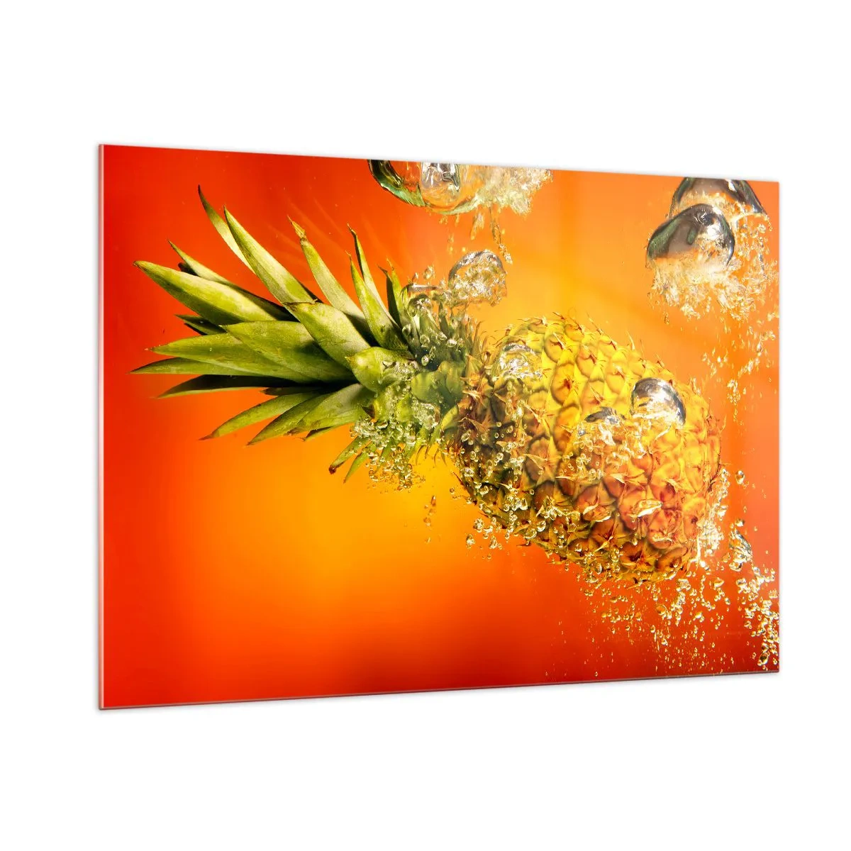 Impression sur verre - Image sur verre - Ananas immergé dans l'eau sur un fond d'orange intense - 100x70cm - Fraîcheur juteuse tropicale - Décoration murale moderne pour le salon et la chambre ARTTOR