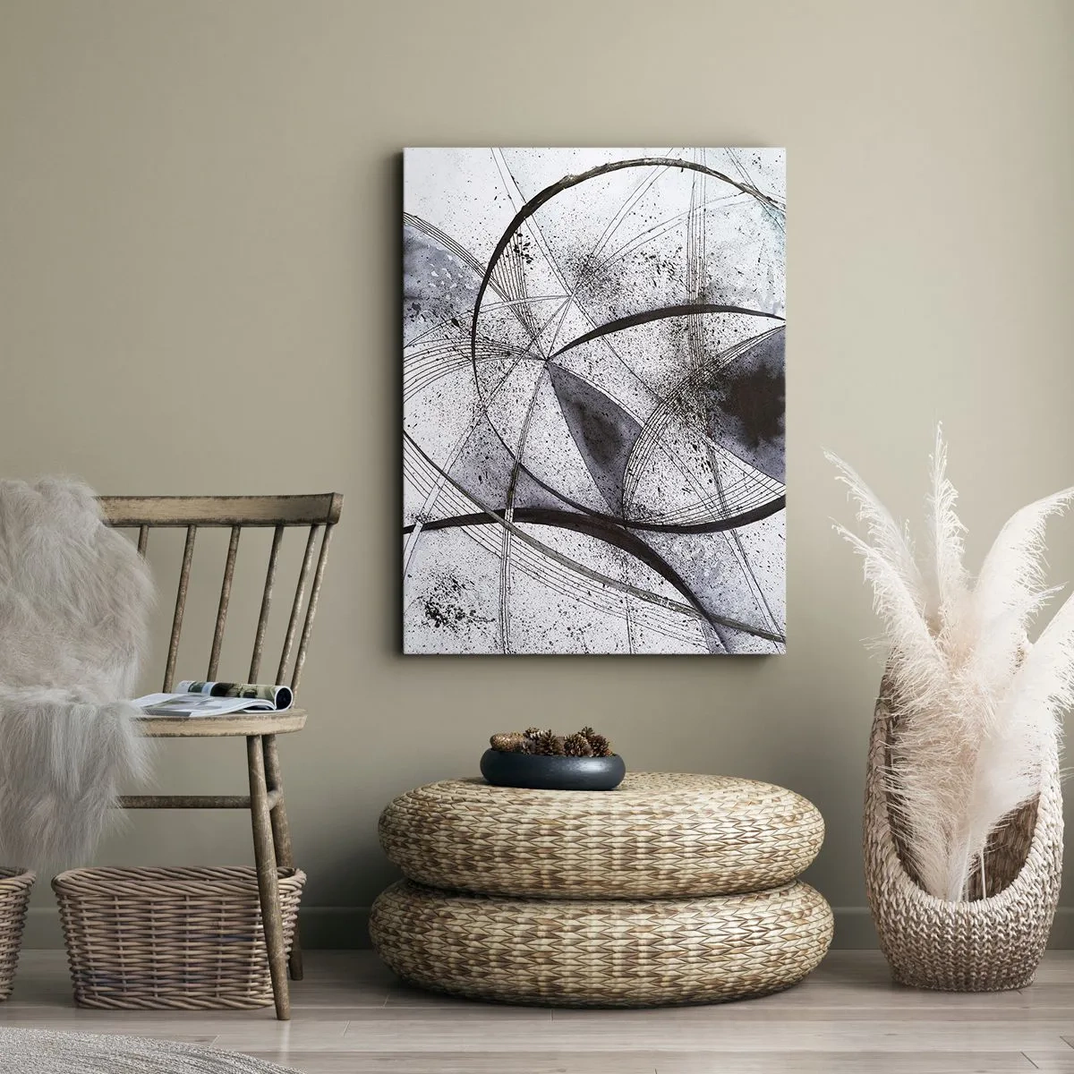 Impression sur toile - Image sur toile - Lignes et formes abstraites dans des tons de gris et de noir - 50x70cm - Fantaisie futuriste - Décoration murale moderne pour le salon et la chambre ARTTOR