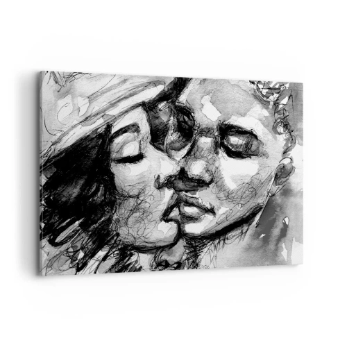 Impression sur toile - Image sur toile - Une aquarelle en noir et blanc représentant un moment intime entre deux personnes. - 120x80cm - Un moment tendre - Décoration murale moderne pour le salon et la chambre ARTTOR