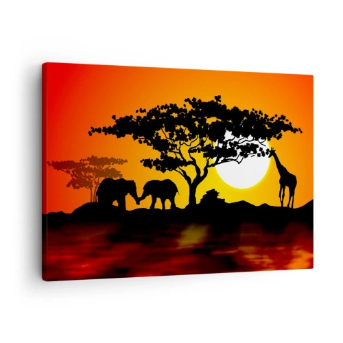 Impression sur toile - Image sur toile - Coucher de soleil africain avec des silhouettes d'éléphants et de girafes au-dessus de l'eau - 70x50cm - Rencontre dans la savane - Décoration murale moderne pour le salon et la chambre ARTTOR