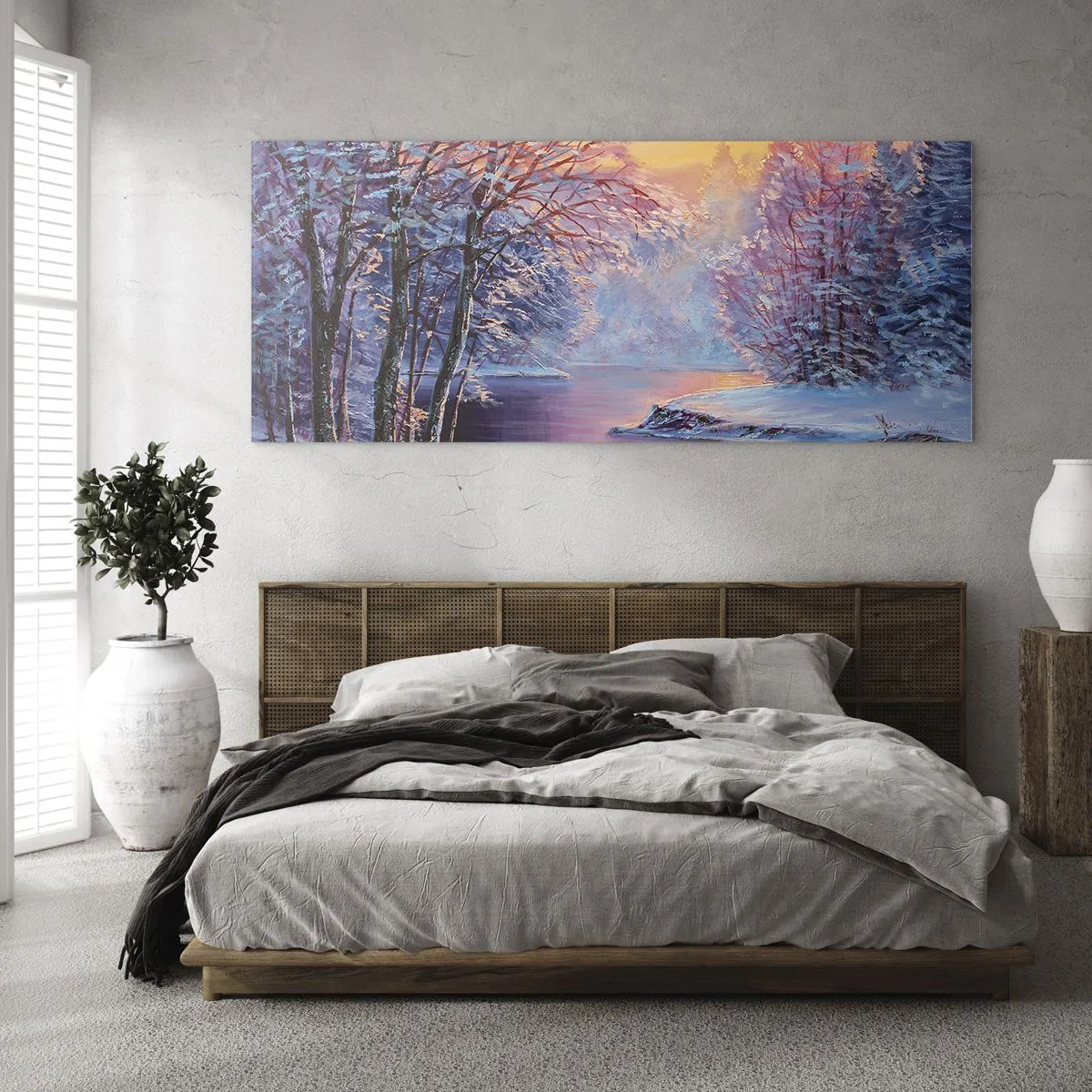 Impression sur verre - Image sur verre - Paysage d'hiver avec rivière et arbres au lever du soleil - 120x50cm - Couleurs d'hiver - Décoration murale moderne pour le salon et la chambre ARTTOR