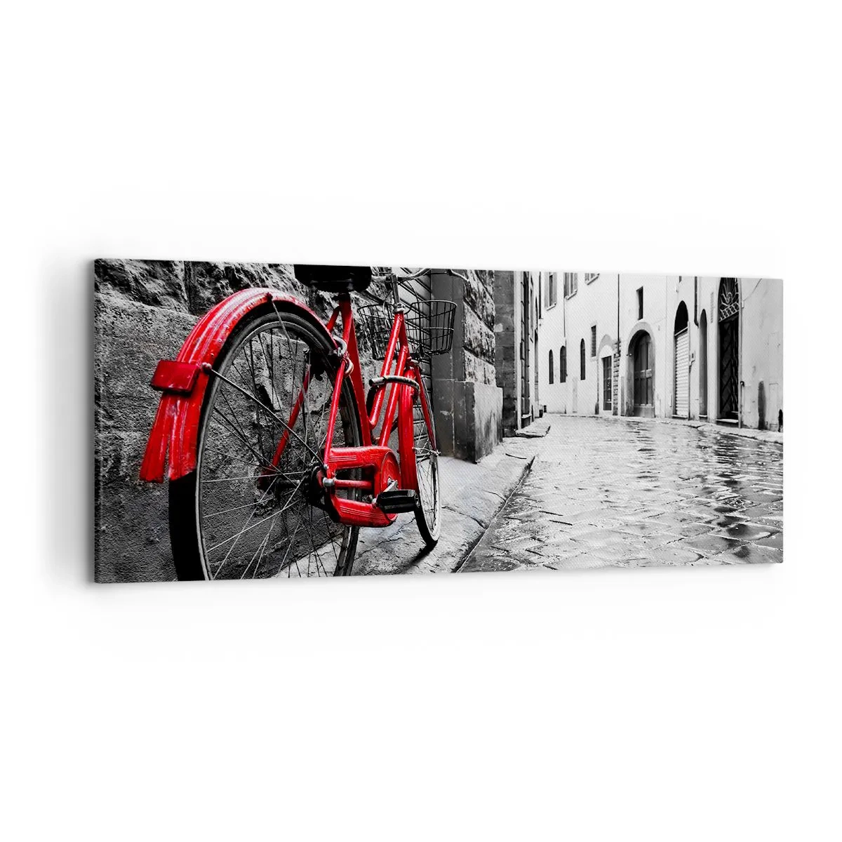 Impression sur toile - Image sur toile - Vélo rouge dans une rue en noir et blanc - 120x50cm - La vraie beauté ne vieillit pas - Décoration murale moderne pour le salon et la chambre ARTTOR