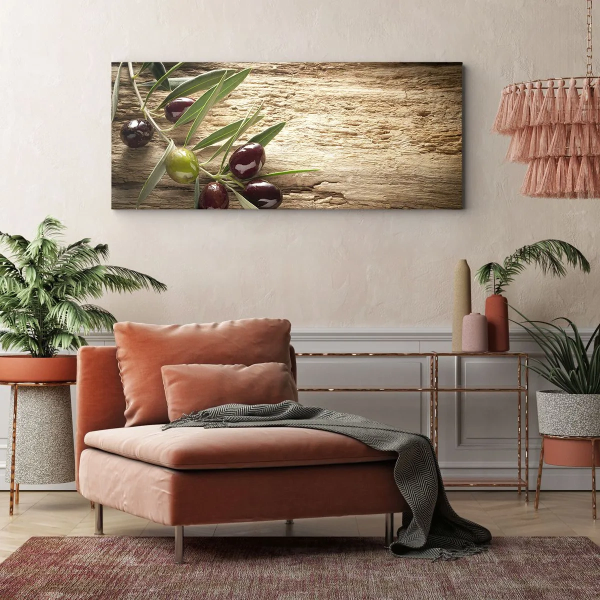 Impression sur toile - Image sur toile - Branche d'olivier avec des fruits sur un fond de bois vieilli - 120x50cm - Directement de la nature - Décoration murale moderne pour le salon et la chambre ARTTOR