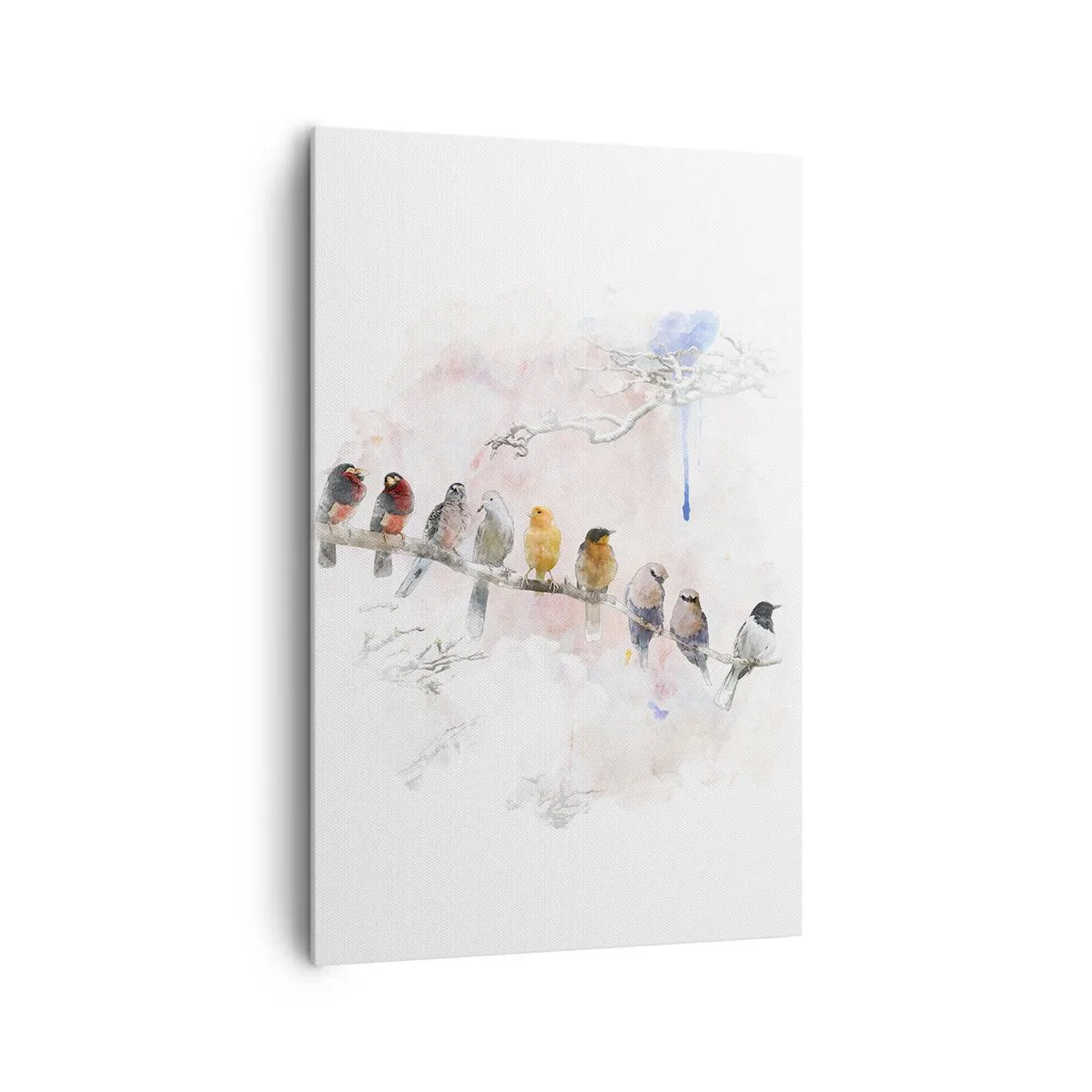 Impression sur toile - Image sur toile - Oiseaux colorés sur une branche dans un style aquarelle - 80x120cm - Rencontre ailée - Décoration murale moderne pour le salon et la chambre ARTTOR
