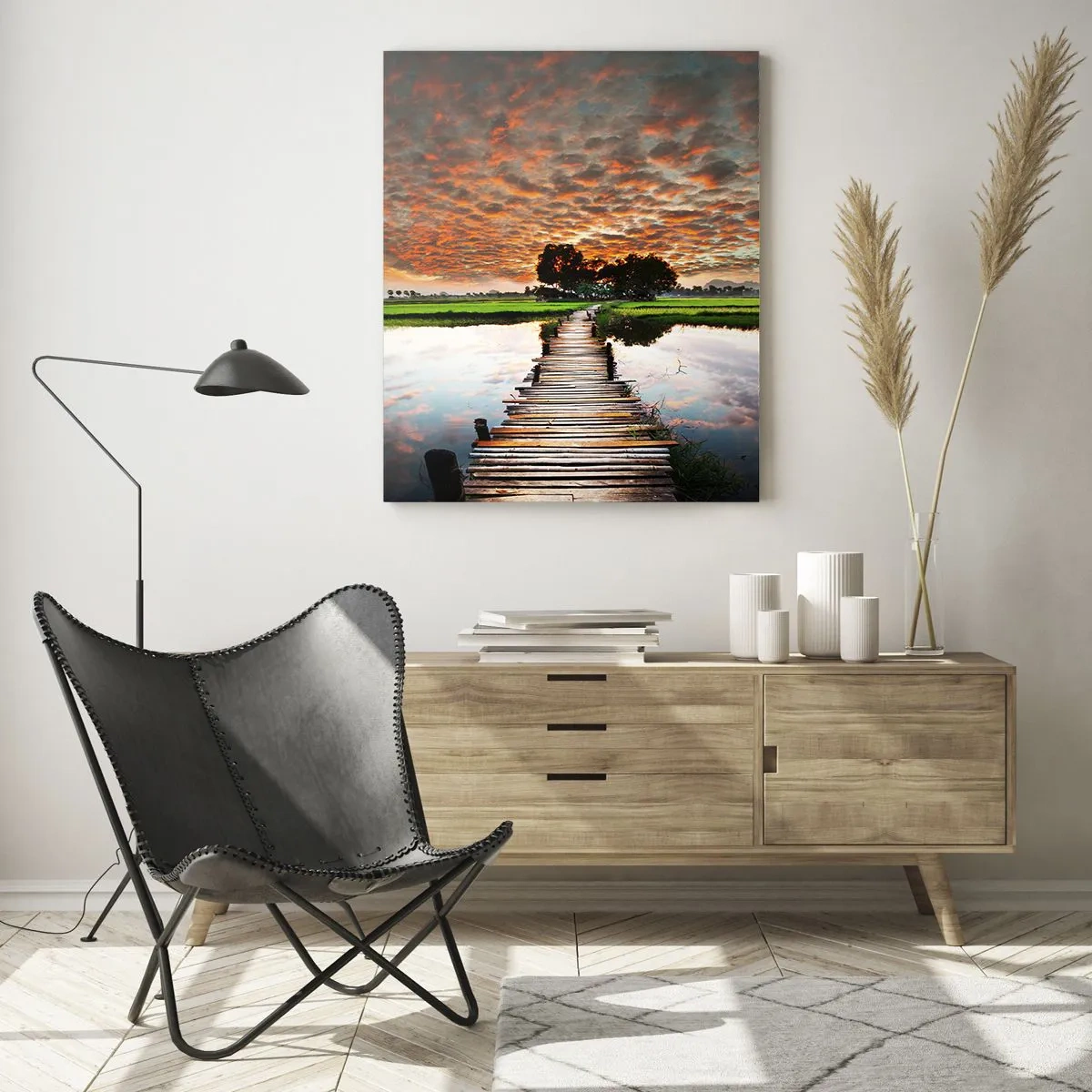 Impression sur verre - Image sur verre - Pont en bois sur l'eau au coucher du soleil - 80x120cm - Étendez vos bras - respirez - Décoration murale moderne pour le salon et la chambre ARTTOR