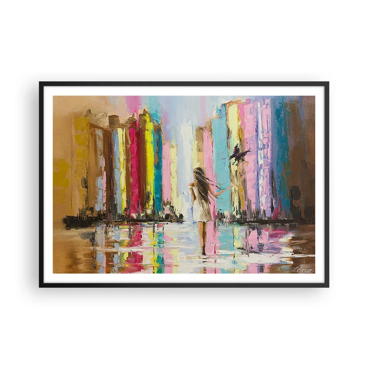 Affiche dans un cadre noir - Poster - Une ville colorée et une femme en robe blanche avec un oiseau - 100x70cm - Viens avec moi - Décoration murale moderne pour le salon et la chambre ARTTOR