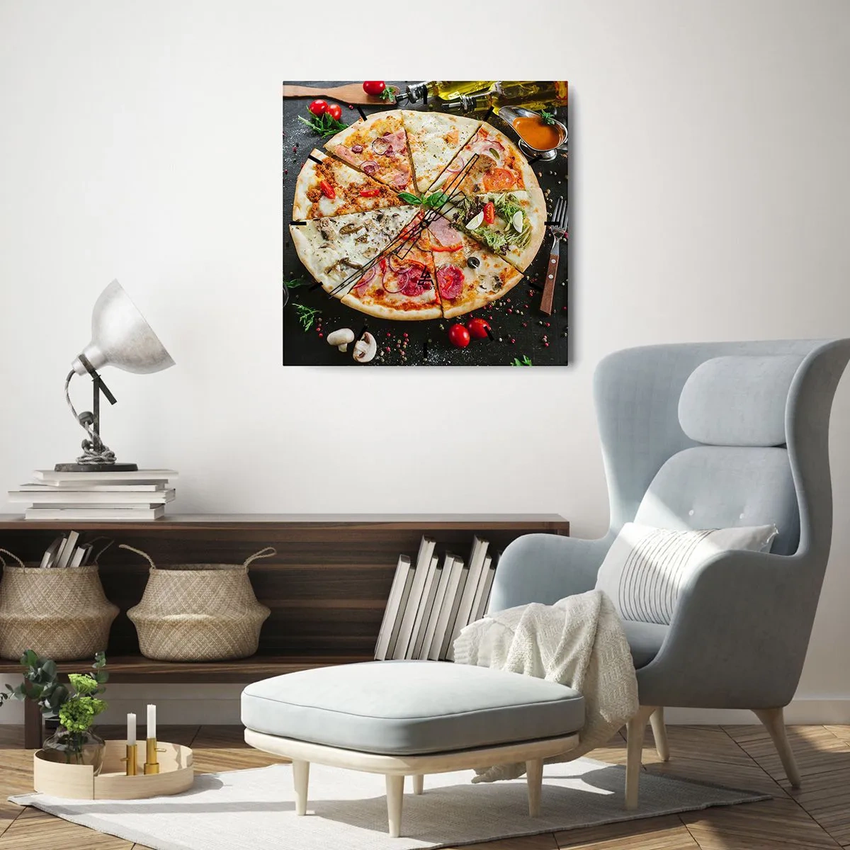 Horloge murale - Pendule murale - Pizza aux saveurs variées avec un fond de garnitures - 30x30cm - Une gamme de saveurs - Décoration murale moderne pour le salon et la chambre ARTTOR