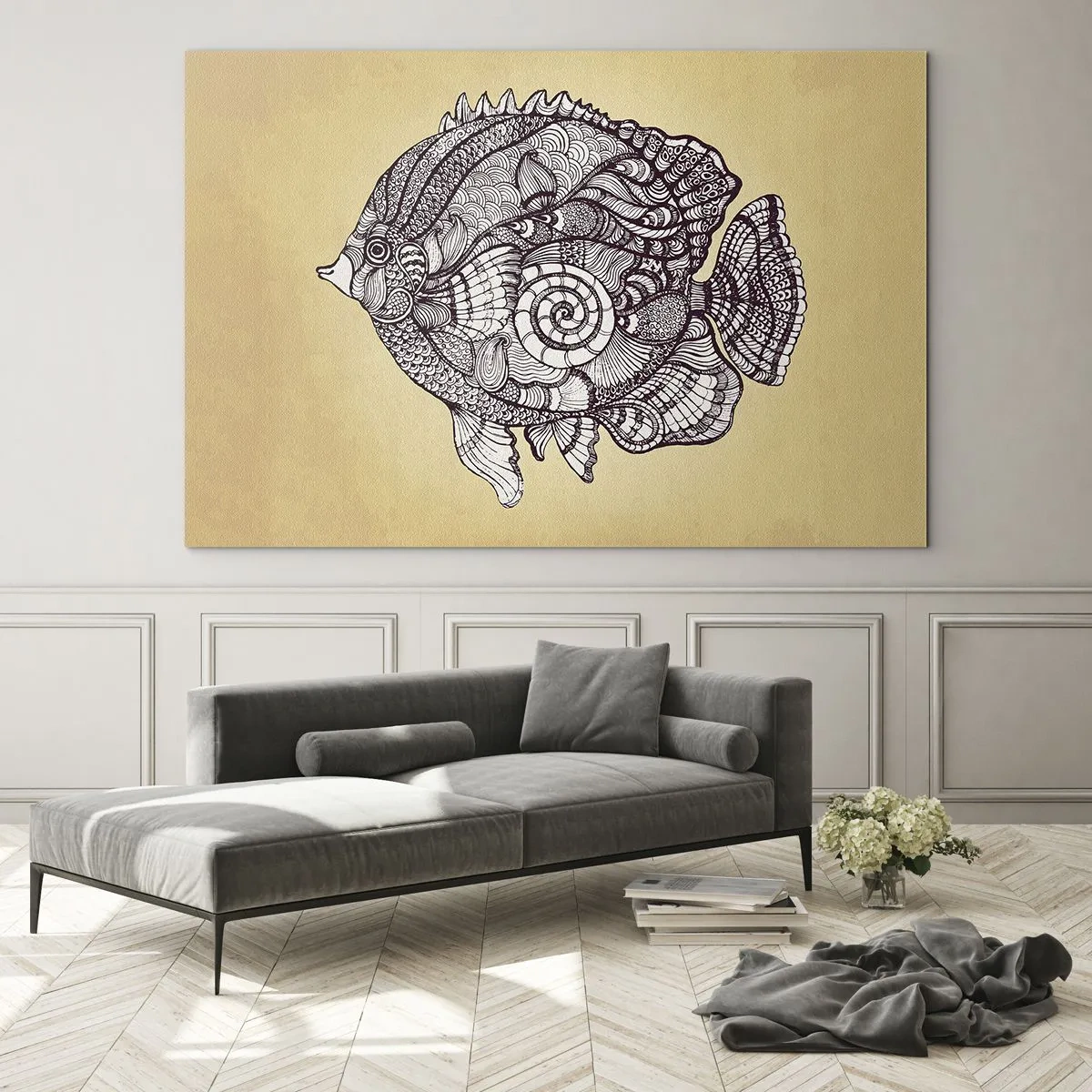Impression sur verre - Image sur verre - Un poisson de dessin animé avec des ornements sur un fond beige - 70x50cm - D'un océan d'ornements - Décoration murale moderne pour le salon et la chambre ARTTOR