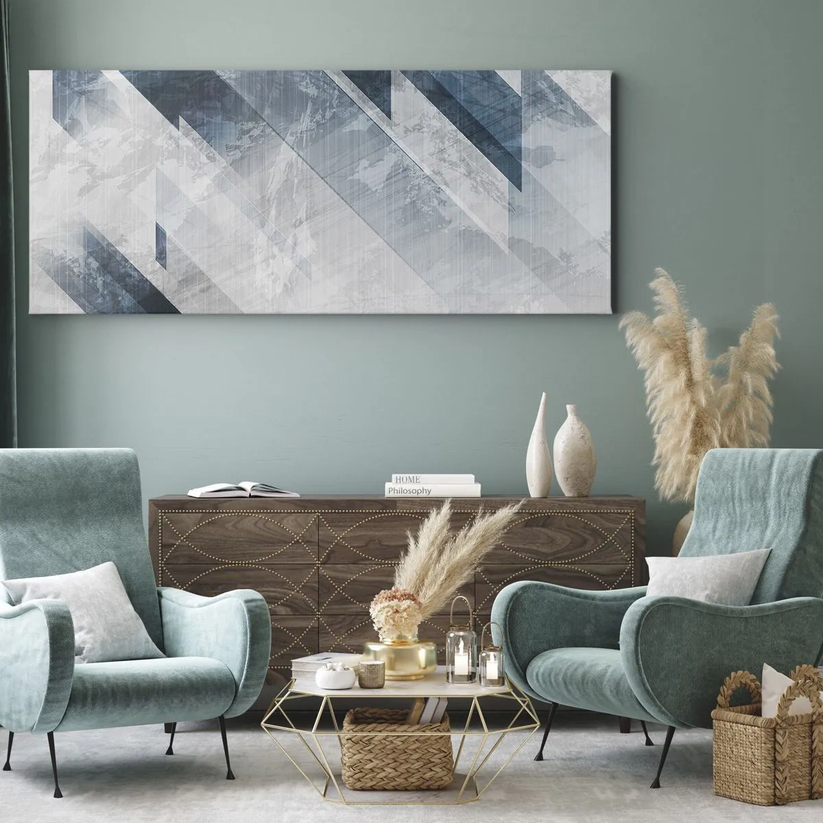 Impression sur toile - Image sur toile - Lignes abstraites dans des tons de gris et de bleu - 140x50cm - Composition spatiale - mouvement gris - Décoration murale moderne pour le salon et la chambre ARTTOR