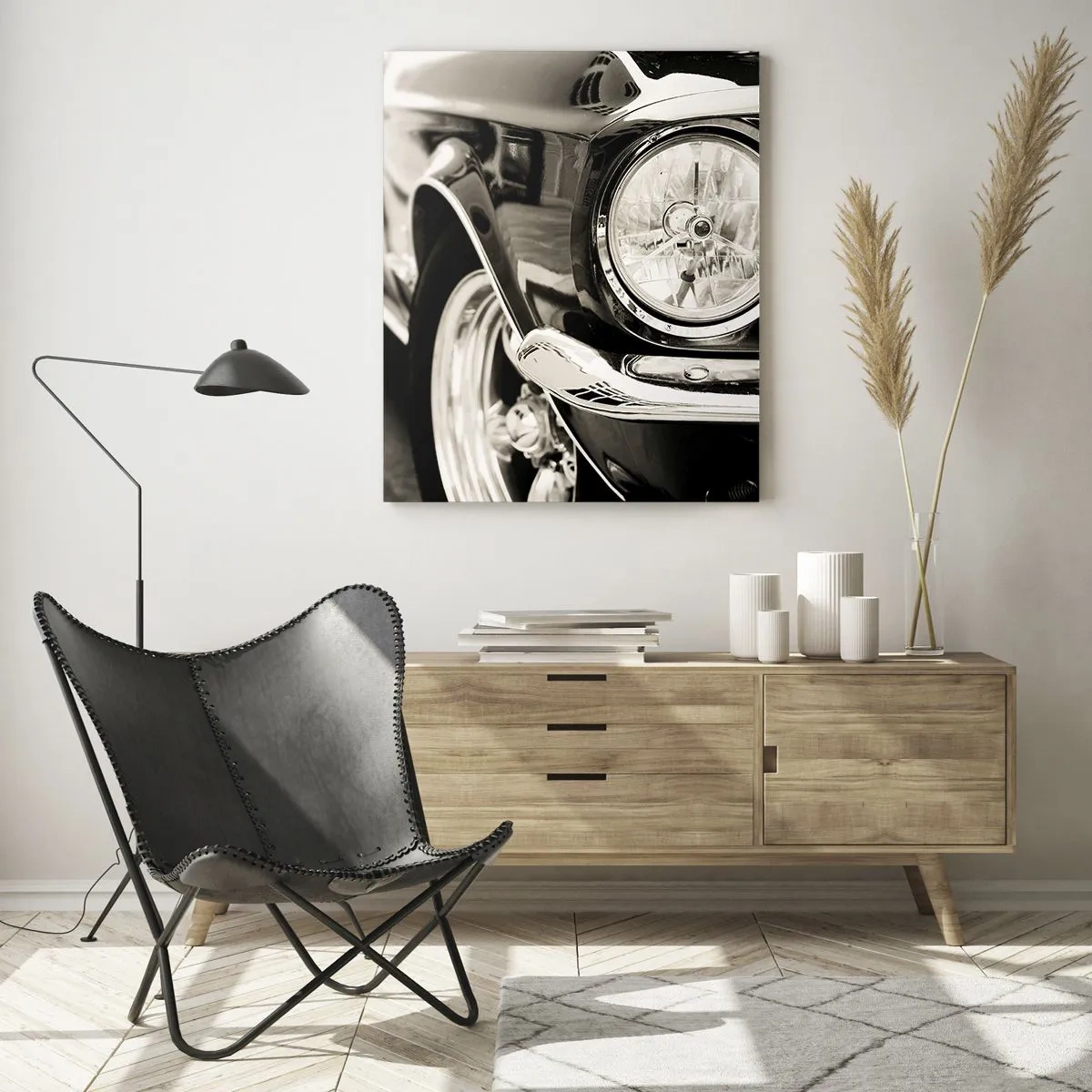 Impression sur verre - Image sur verre - Une voiture classique emblématique en noir et blanc élégant - 80x120cm - Brillance permanente - Décoration murale moderne pour le salon et la chambre ARTTOR