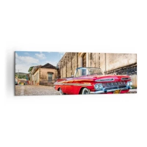 Impression sur toile - Image sur toile - Voiture classique rouge dans une rue pavée - 160x50cm - Émotions cubaines - Décoration murale moderne pour le salon et la chambre ARTTOR