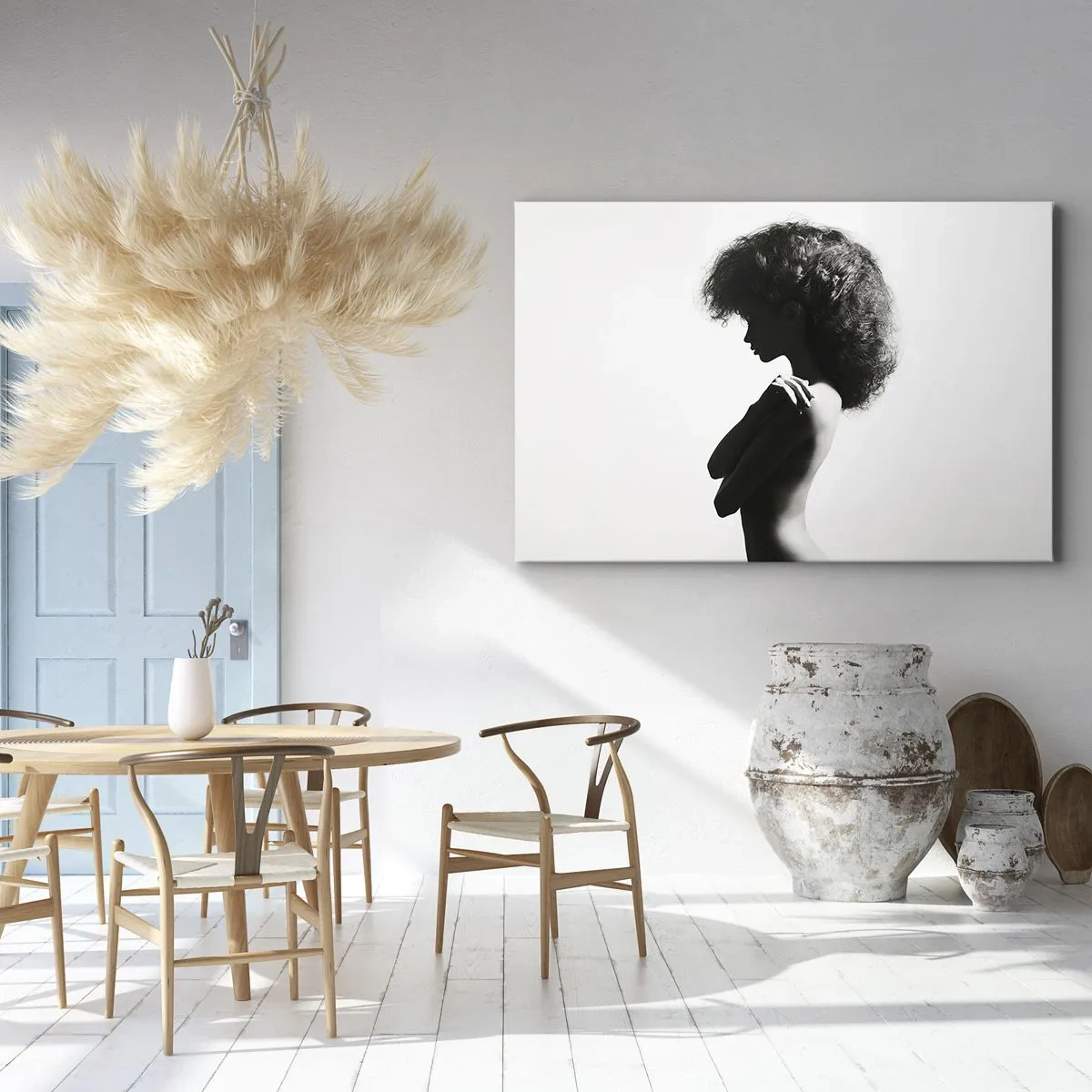 Impression sur toile - Image sur toile - Une silhouette subtile d'une femme dans des tons noirs et blancs sur un fond clair - 100x70cm - Comme une fleur au bout d'une fine tige - Décoration murale moderne pour le salon et la chambre ARTTOR